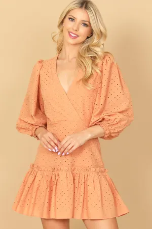 PUFF SLEEVE WRAP EYELET RUFFLE HEM MINI DRESS