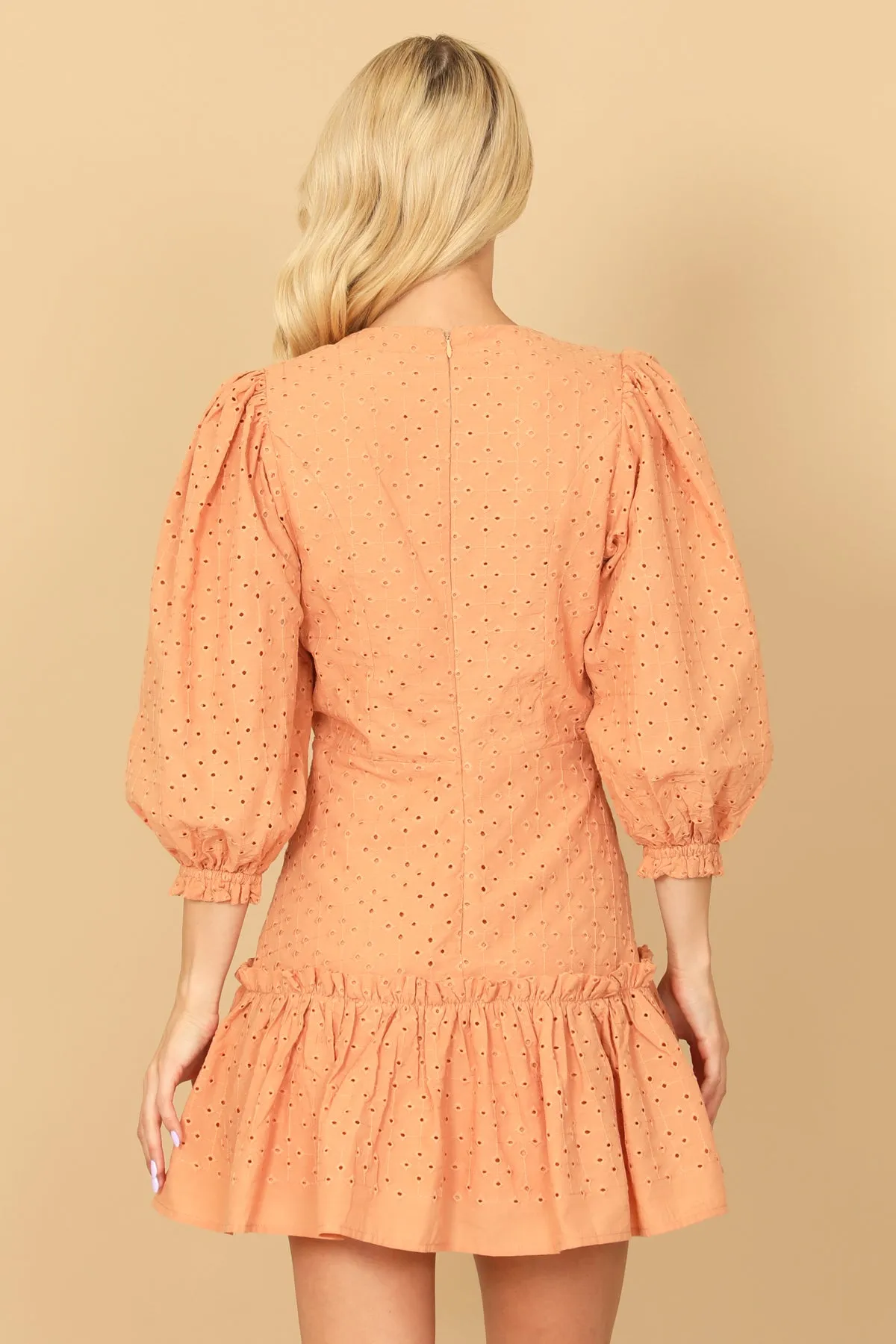 PUFF SLEEVE WRAP EYELET RUFFLE HEM MINI DRESS