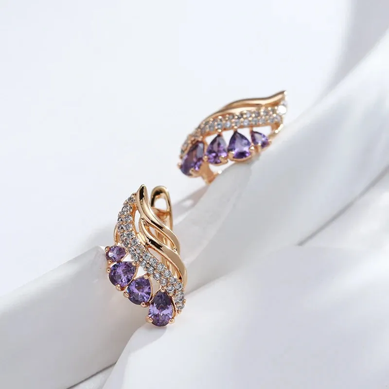 Purple Water Drop Natural Zircon Earrings for Women Luxury 585 Rose Gold Fashion Jewelry Unique Daily Drop Earrings