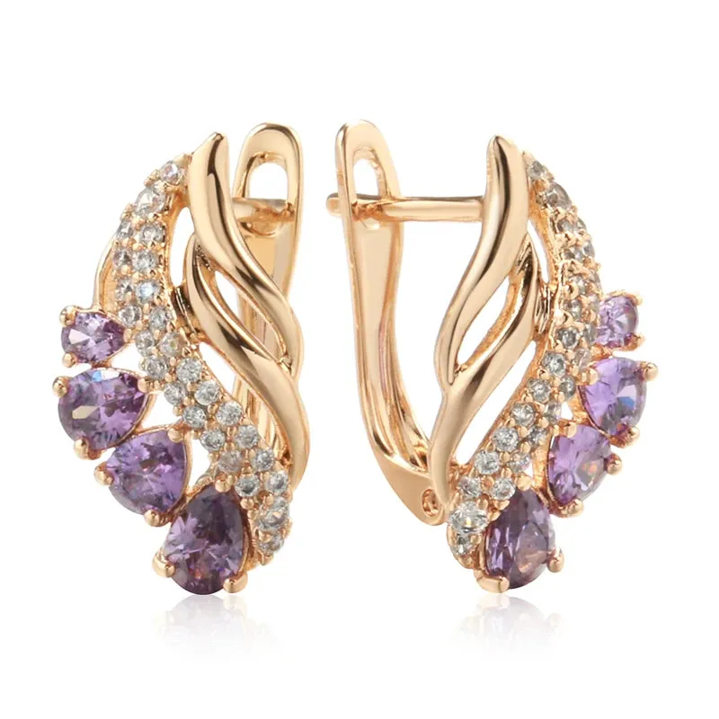 Purple Water Drop Natural Zircon Earrings for Women Luxury 585 Rose Gold Fashion Jewelry Unique Daily Drop Earrings