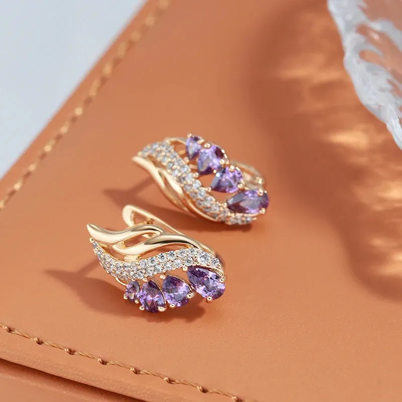 Purple Water Drop Natural Zircon Earrings for Women Luxury 585 Rose Gold Fashion Jewelry Unique Daily Drop Earrings