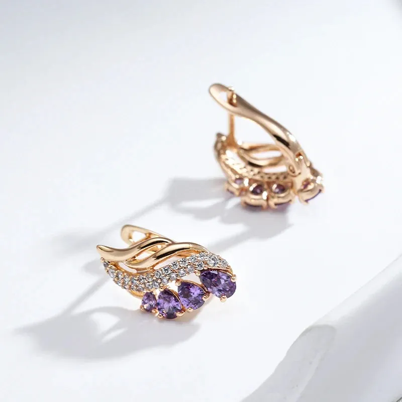 Purple Water Drop Natural Zircon Earrings for Women Luxury 585 Rose Gold Fashion Jewelry Unique Daily Drop Earrings