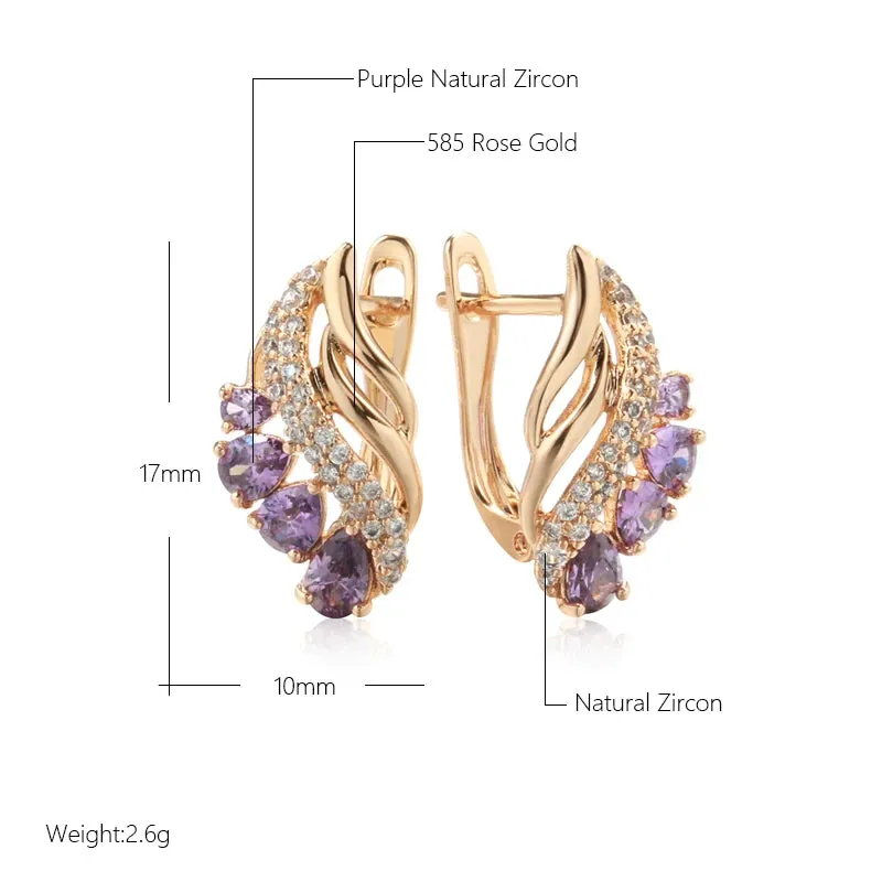 Purple Water Drop Natural Zircon Earrings for Women Luxury 585 Rose Gold Fashion Jewelry Unique Daily Drop Earrings