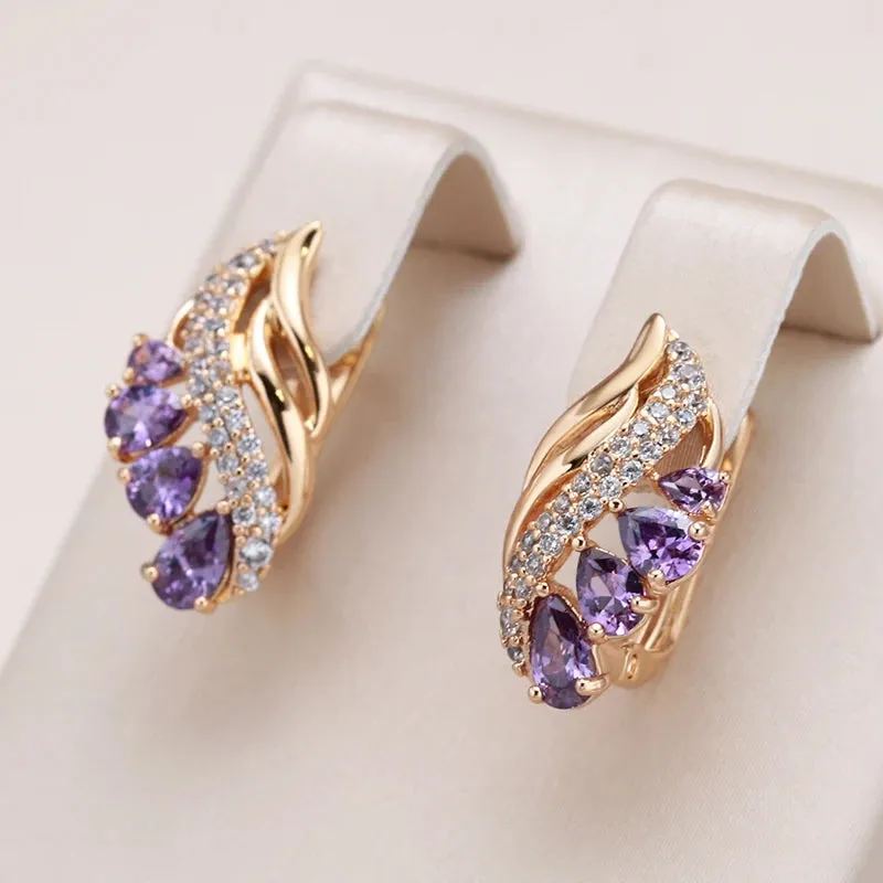 Purple Water Drop Natural Zircon Earrings for Women Luxury 585 Rose Gold Fashion Jewelry Unique Daily Drop Earrings