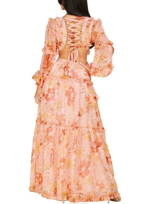 "NANCY" FLORAL CHIFFON CUT OUT LONG SLEEVE MAXI DRESS (TOP SELLER)