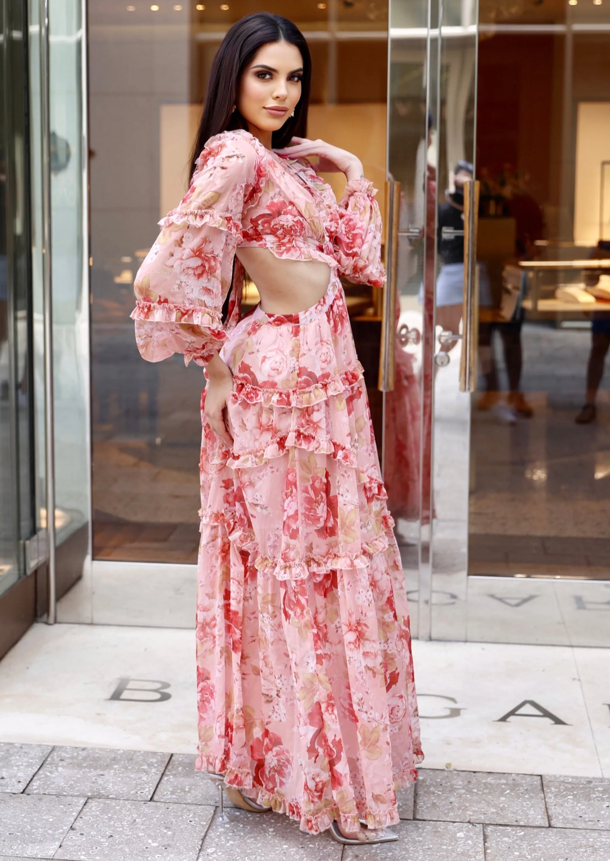 "NANCY" FLORAL CHIFFON CUT OUT LONG SLEEVE MAXI DRESS (TOP SELLER)