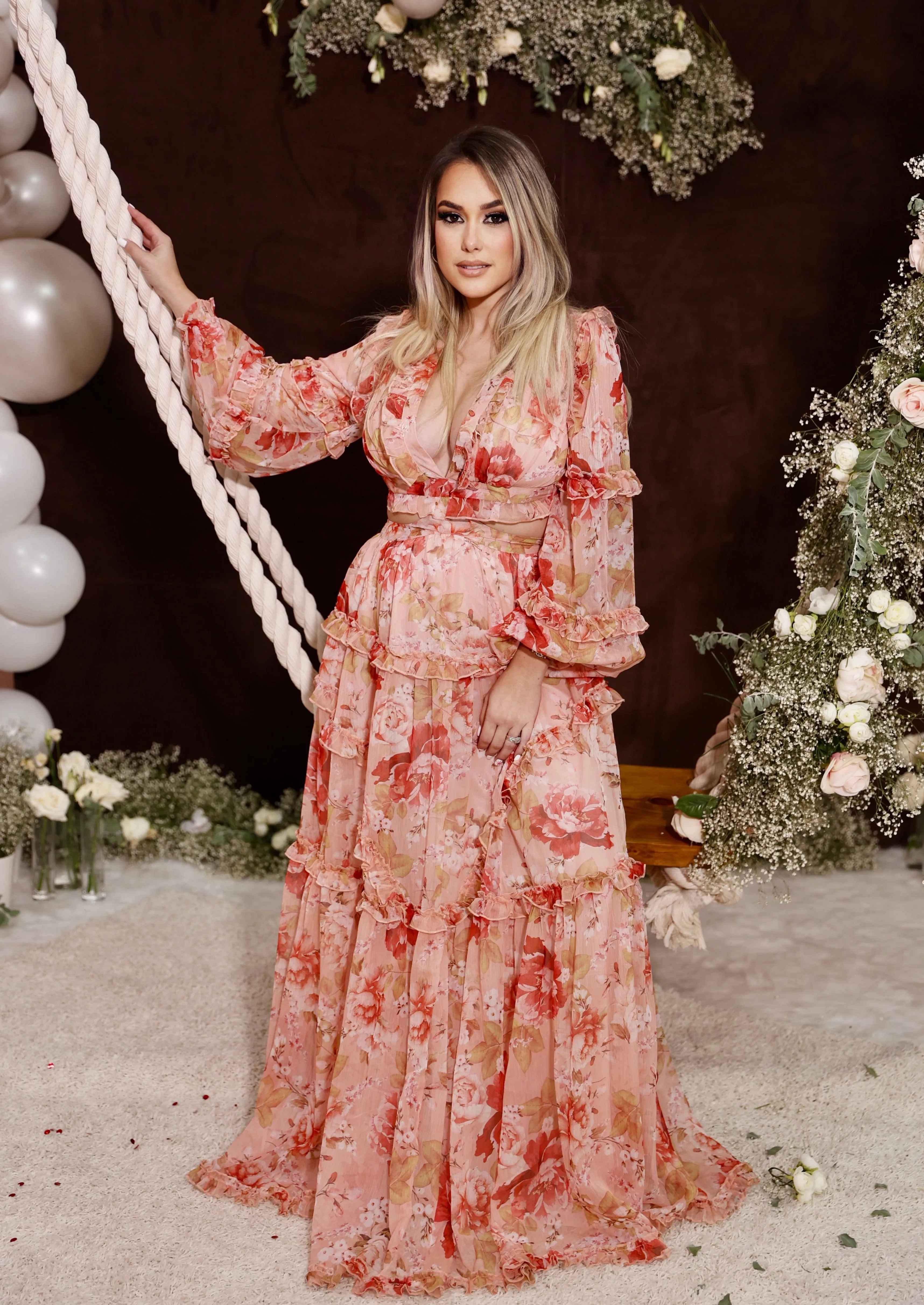 "NANCY" FLORAL CHIFFON CUT OUT LONG SLEEVE MAXI DRESS (TOP SELLER)