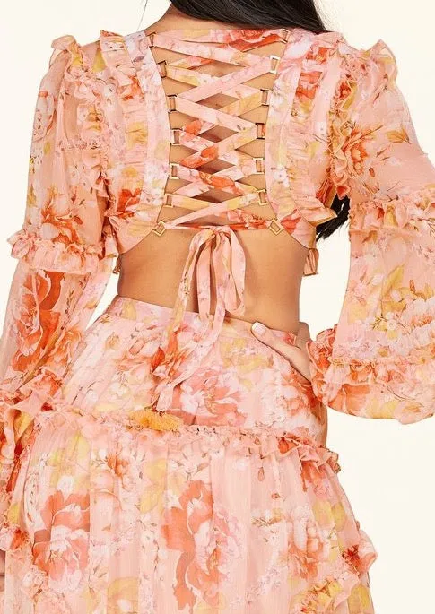 "NANCY" FLORAL CHIFFON CUT OUT LONG SLEEVE MAXI DRESS (TOP SELLER)