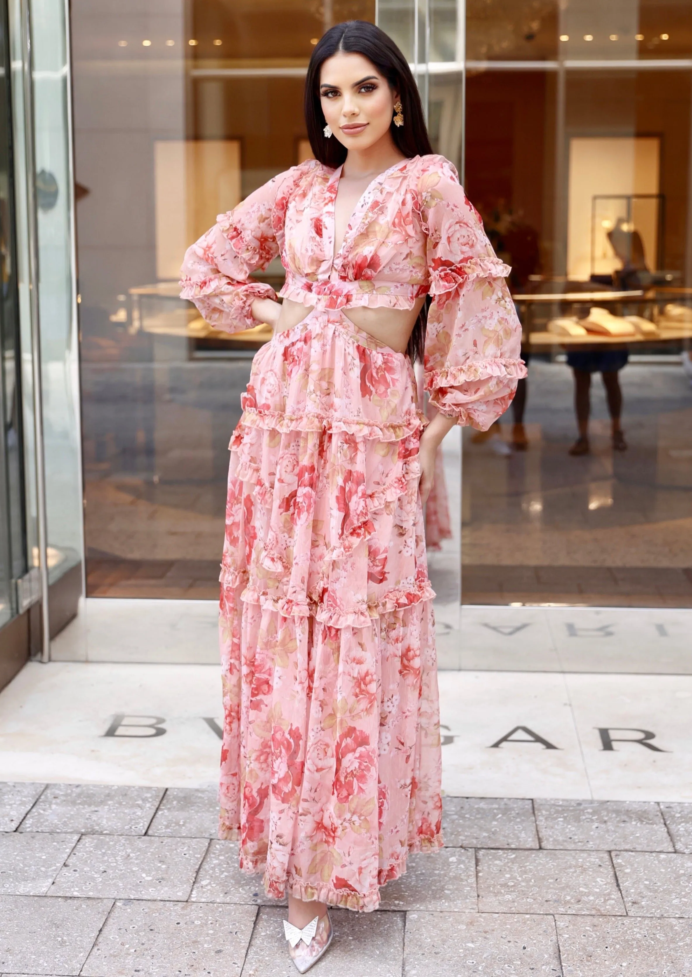 "NANCY" FLORAL CHIFFON CUT OUT LONG SLEEVE MAXI DRESS (TOP SELLER)