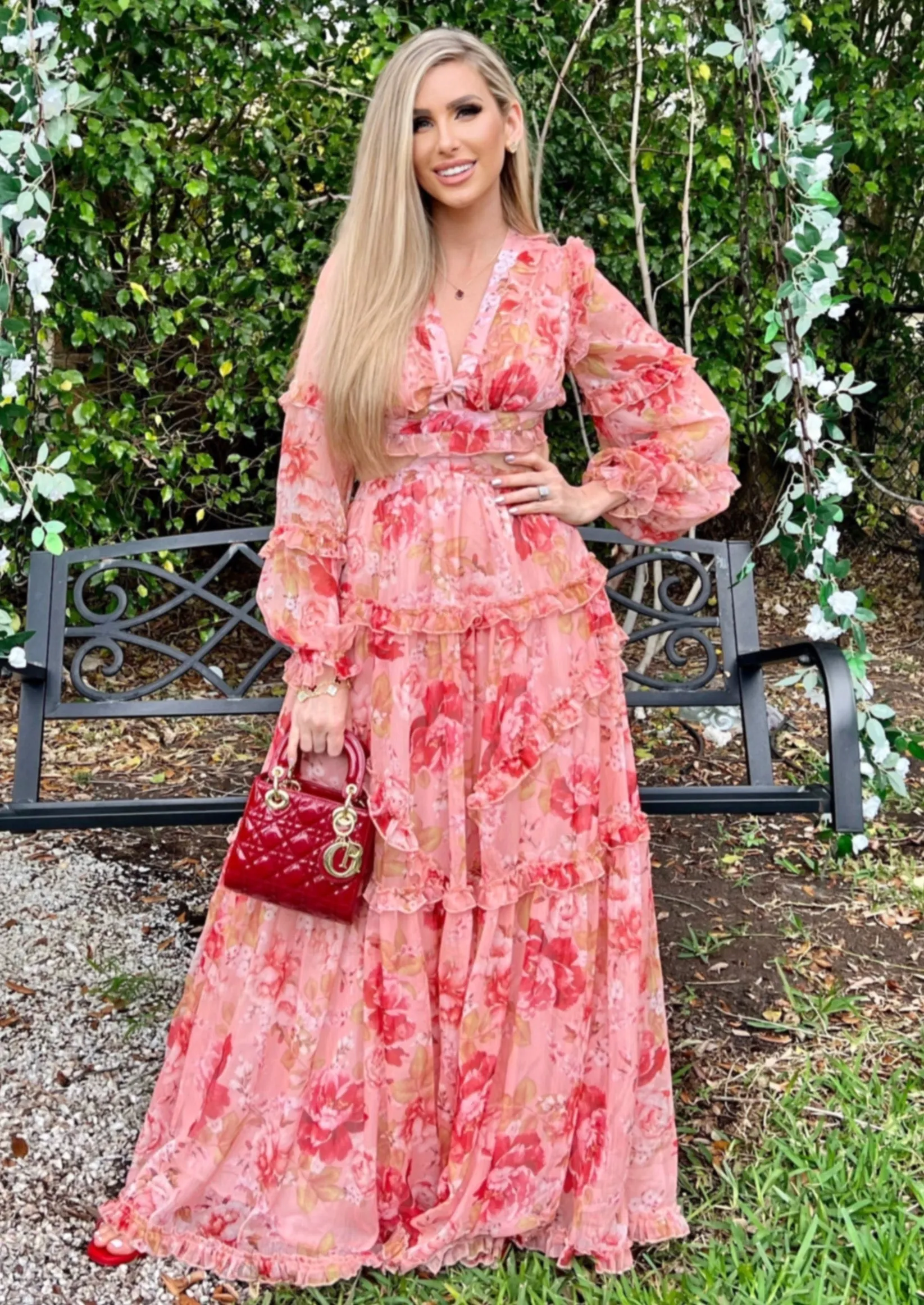 "NANCY" FLORAL CHIFFON CUT OUT LONG SLEEVE MAXI DRESS (TOP SELLER)