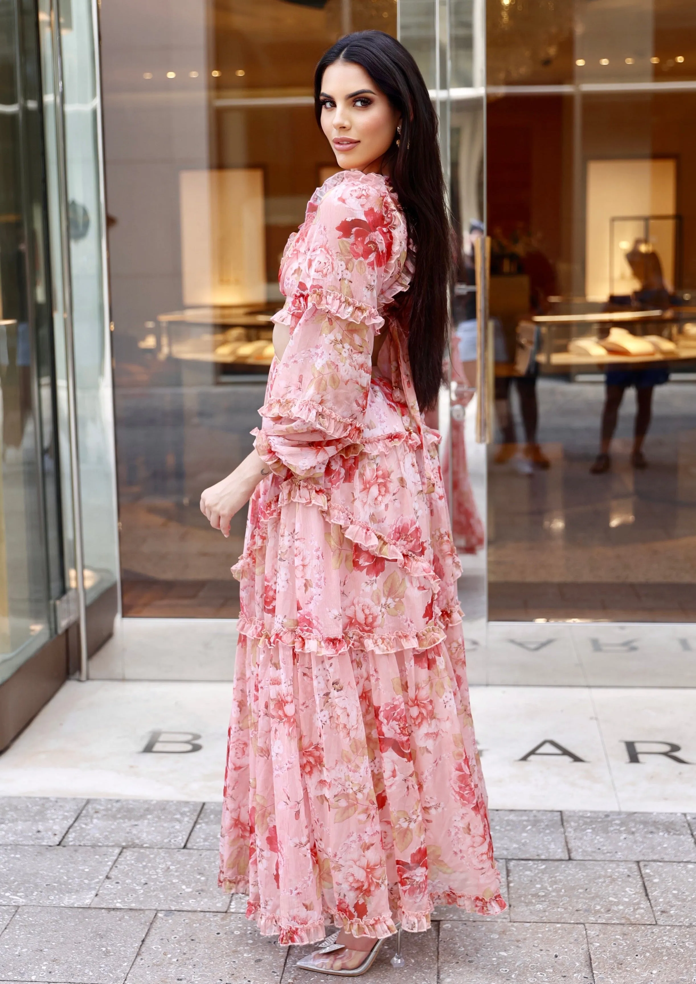 "NANCY" FLORAL CHIFFON CUT OUT LONG SLEEVE MAXI DRESS (TOP SELLER)