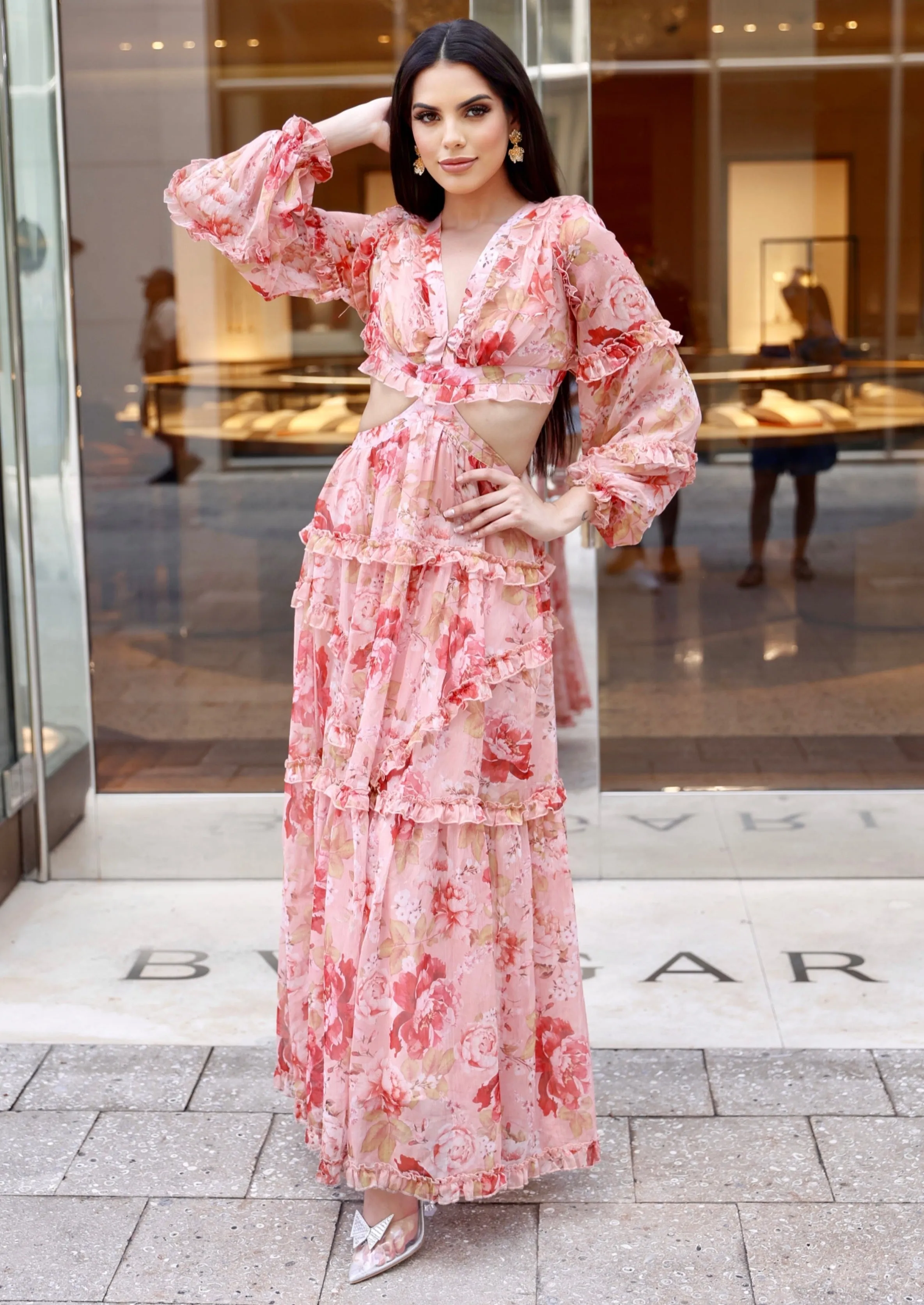 "NANCY" FLORAL CHIFFON CUT OUT LONG SLEEVE MAXI DRESS (TOP SELLER)