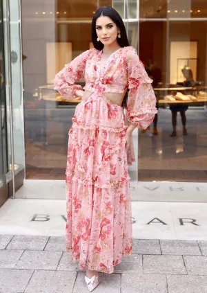 "NANCY" FLORAL CHIFFON CUT OUT LONG SLEEVE MAXI DRESS (TOP SELLER)