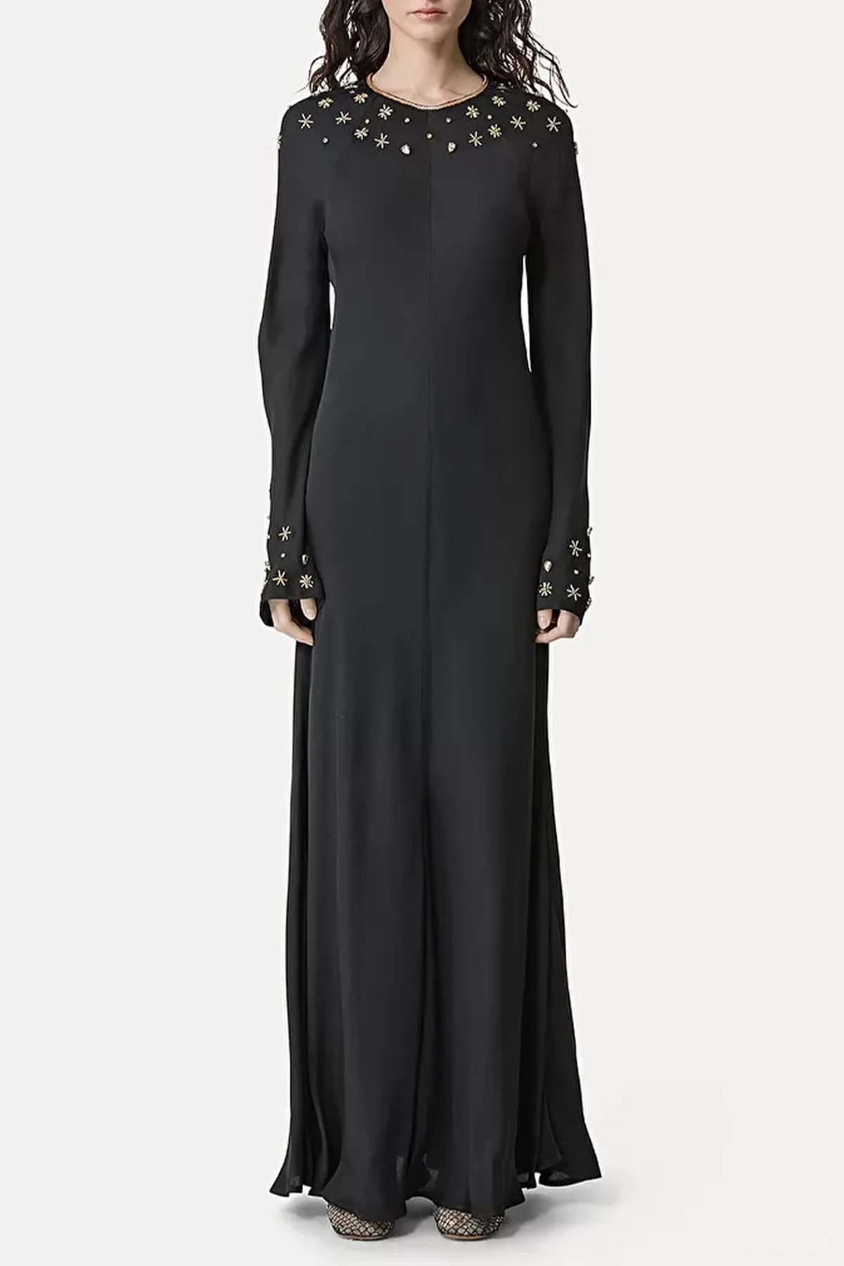 "The Stars of Bali" Embroidery Georgette Dress in Black