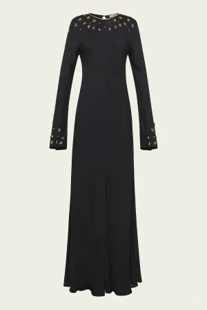 "The Stars of Bali" Embroidery Georgette Dress in Black