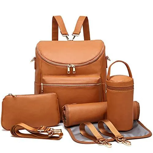 Realaiot 7-in-1 Baby Diaper Bag Solid PU Leather Mummy Maternity Bag Large Capacity Travel Back Pack Stroller Bags with Changing Pad