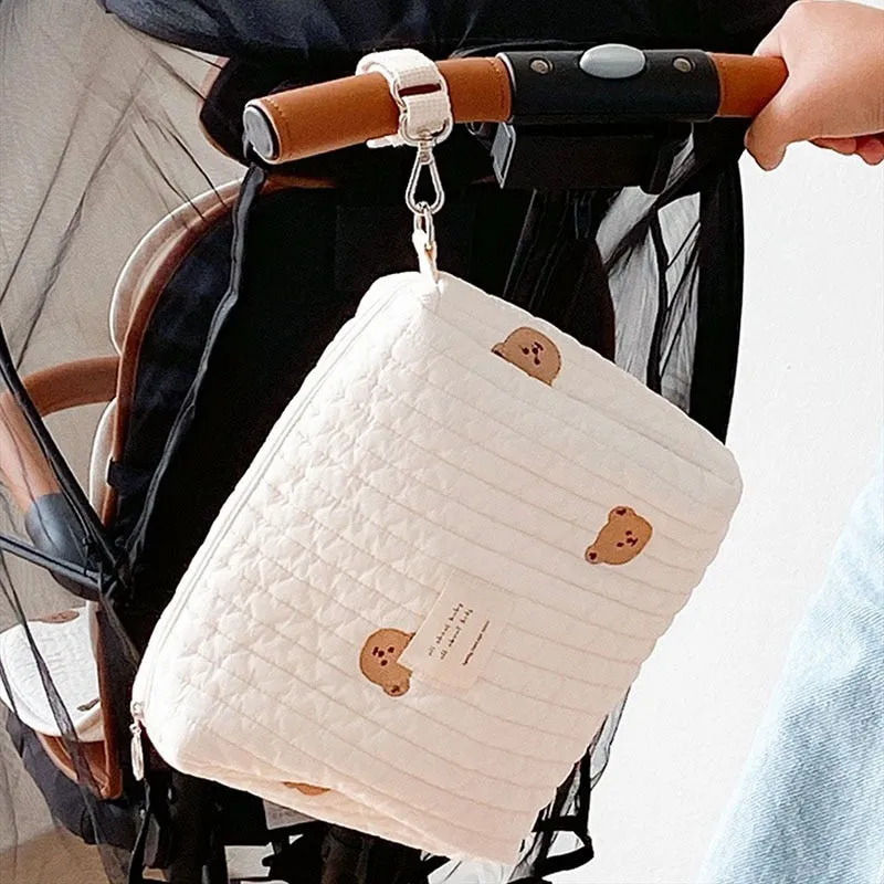 Realaiot Cotton Mom Bag Organizer Cute Bear Embroidery Mommy Single Bag Zipper Newborn Baby Diaper Bag Nappy Travel Stroller Storage Package Bag