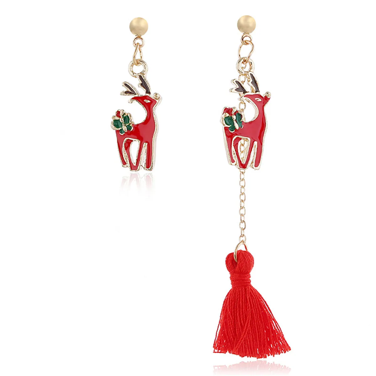 Red & Green Enamel 18K Gold-Plated Reindeer Single-Tassel Drop Earrings