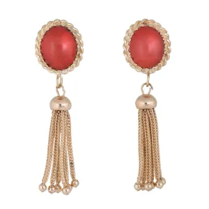 Red Coral Tassel Earrings 14k Yellow Gold Fringe Drops Estate Fine Jewelry