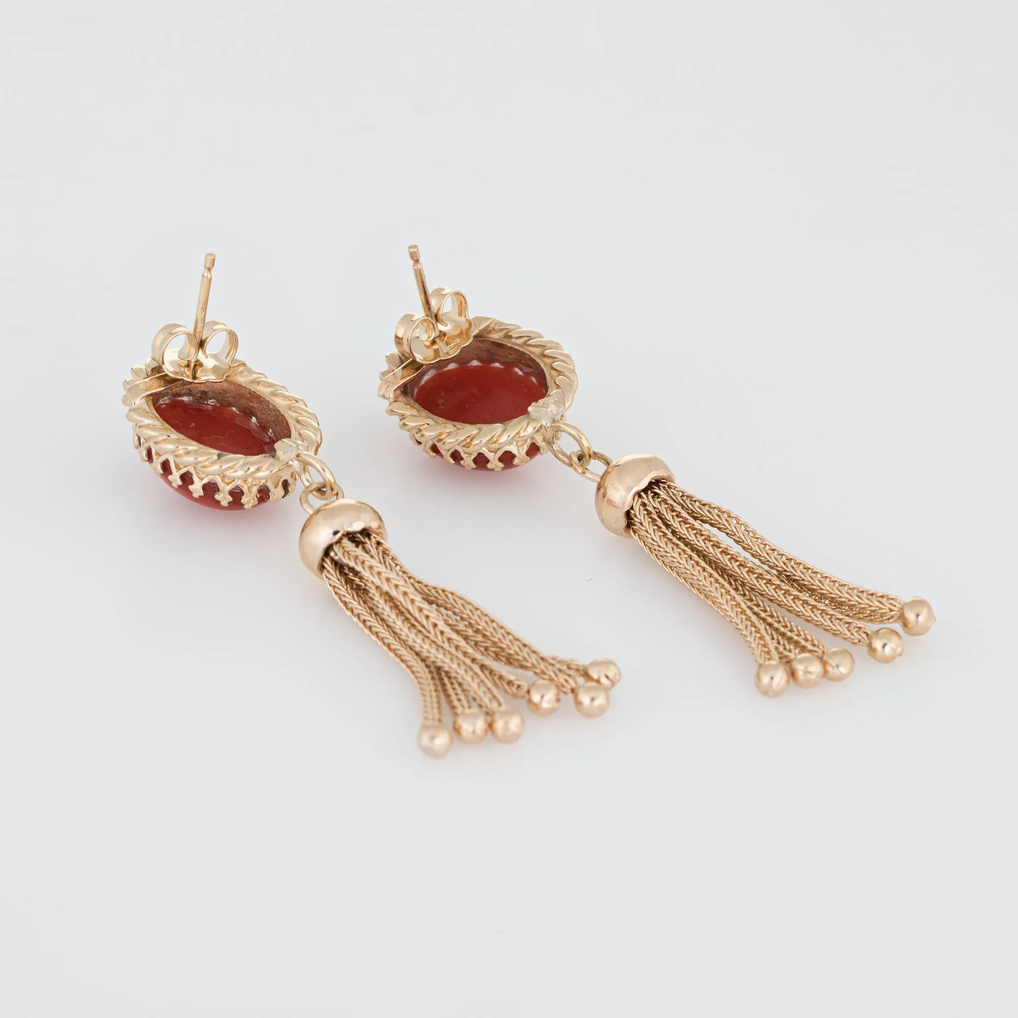 Red Coral Tassel Earrings 14k Yellow Gold Fringe Drops Estate Fine Jewelry
