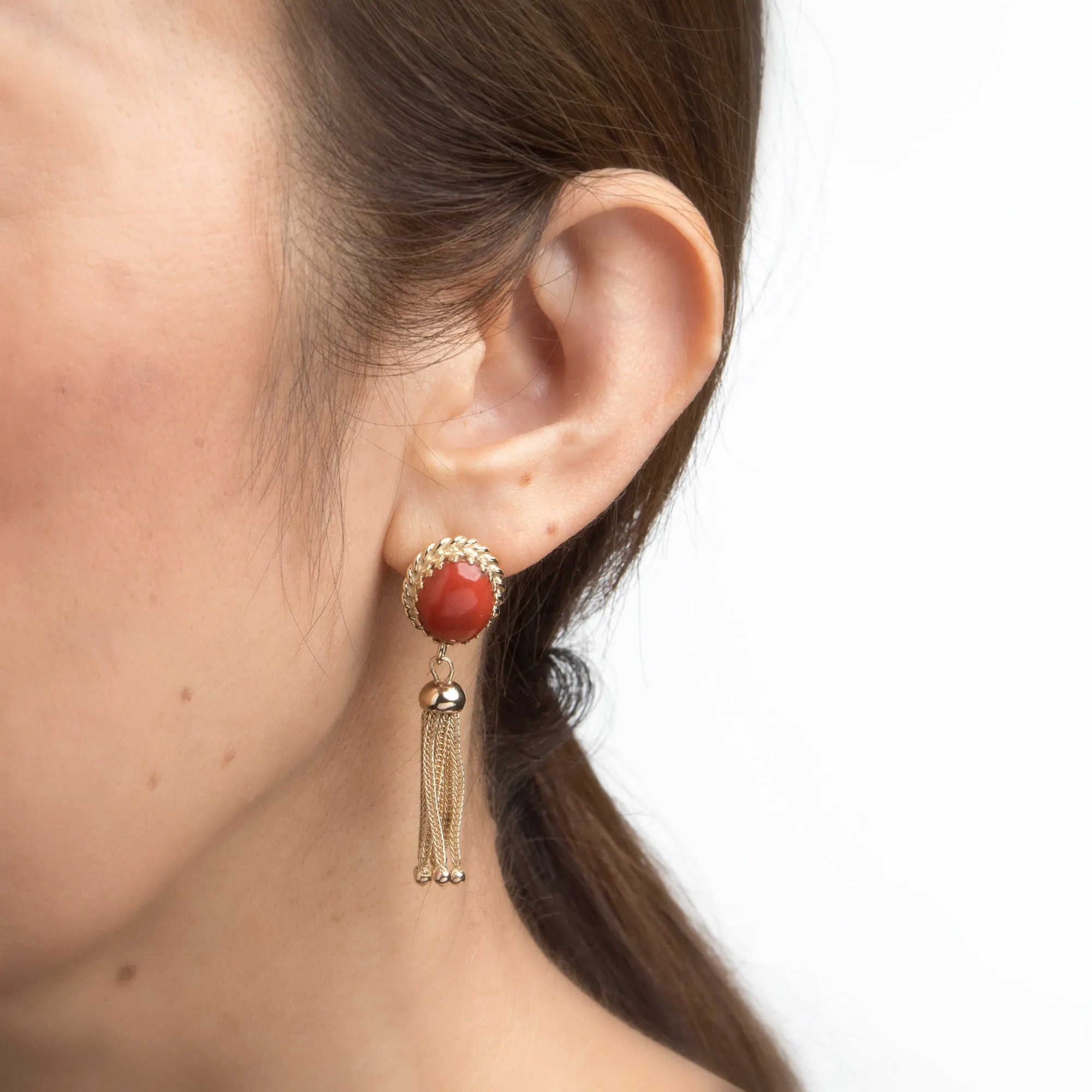 Red Coral Tassel Earrings 14k Yellow Gold Fringe Drops Estate Fine Jewelry