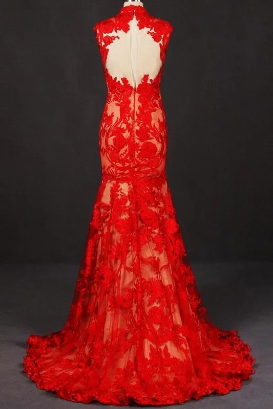Red High Neck Sleeveless Evening Dress Lace Tulle Prom Dresses