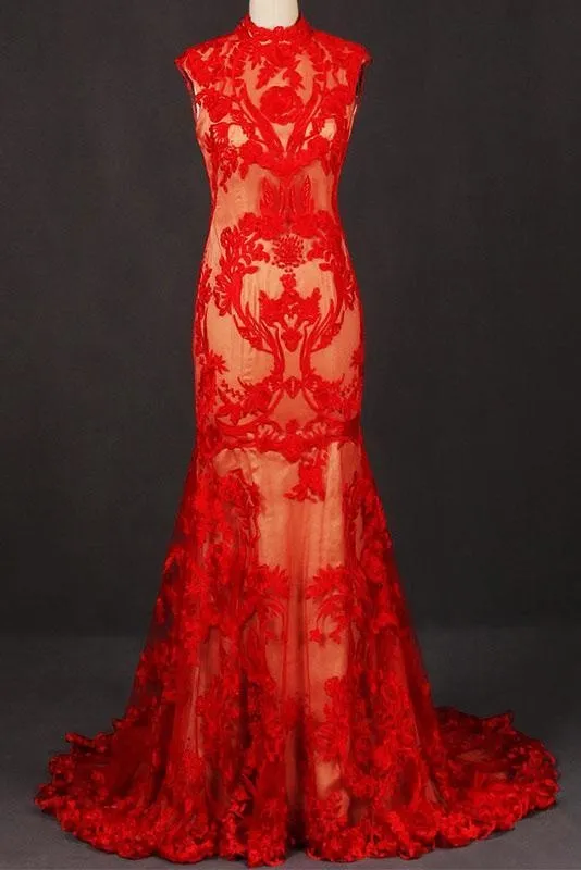 Red High Neck Sleeveless Evening Dress Lace Tulle Prom Dresses