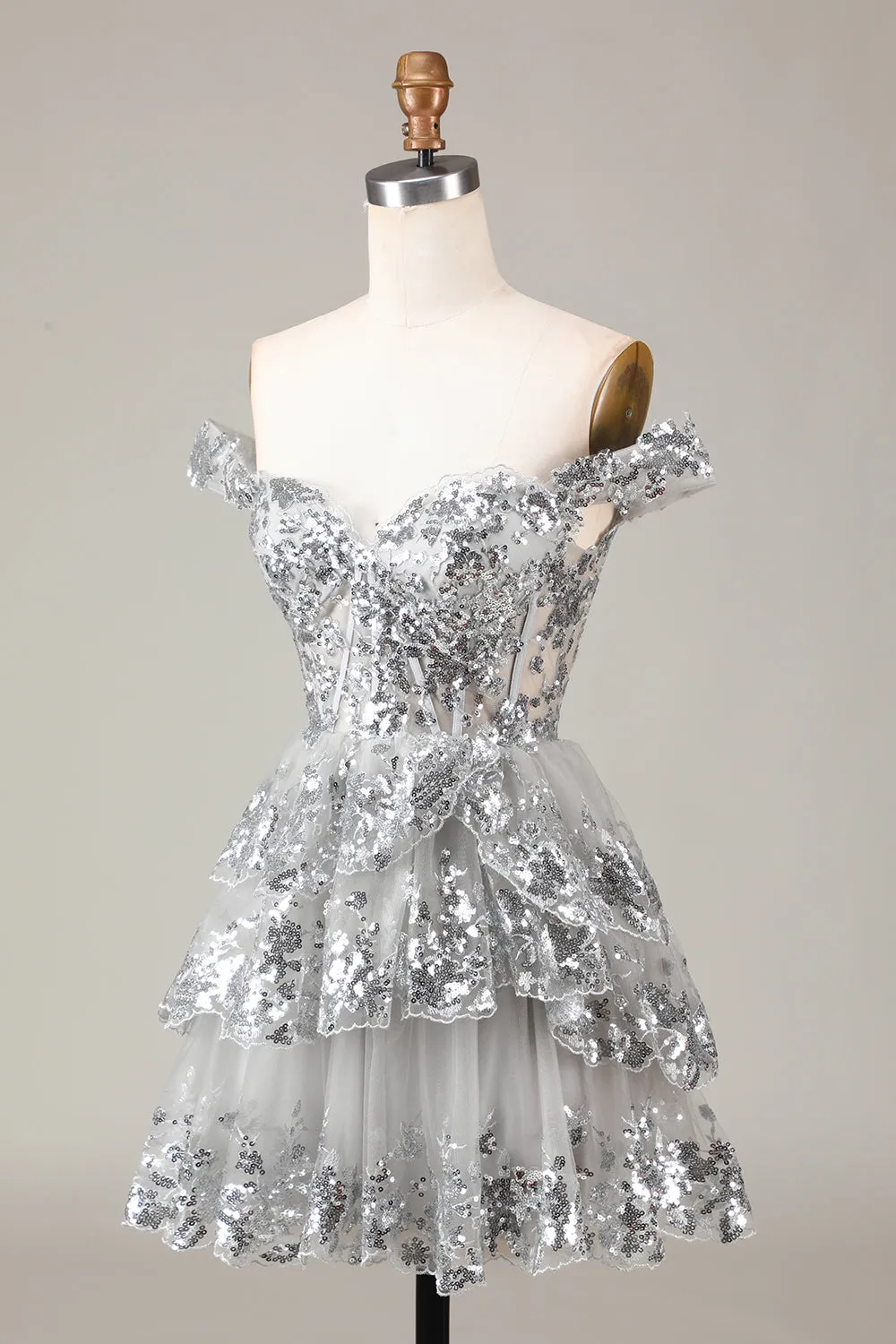 Red Sparkly Corset Tiered Lace A-Line Homecoming Dress