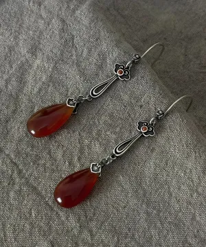 Retro Red Sterling Silver Water Drop Red Agate Drop Earrings GEM6270
