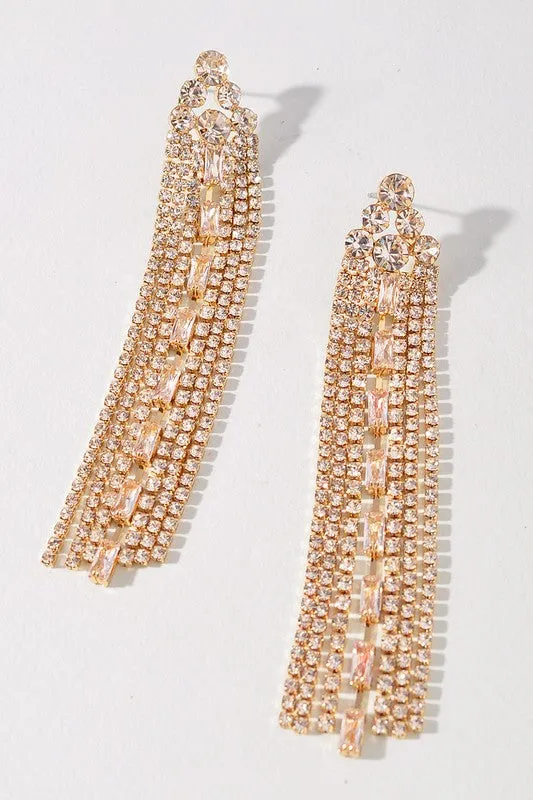 Rhinestone Fringe Crystal Baguette Tassel Earrings