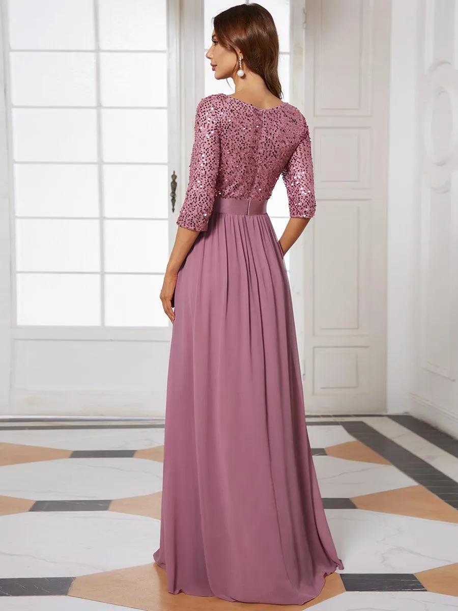 Robe de soirée élégante à encolure ronde et à manches 3/4 en patchwork de sequins