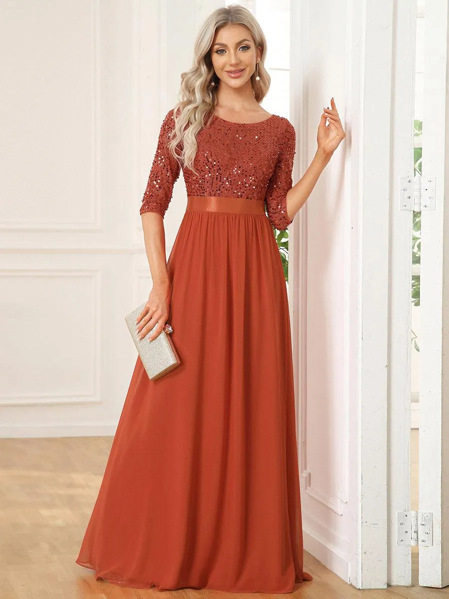 Robe de soirée élégante à encolure ronde et à manches 3/4 en patchwork de sequins