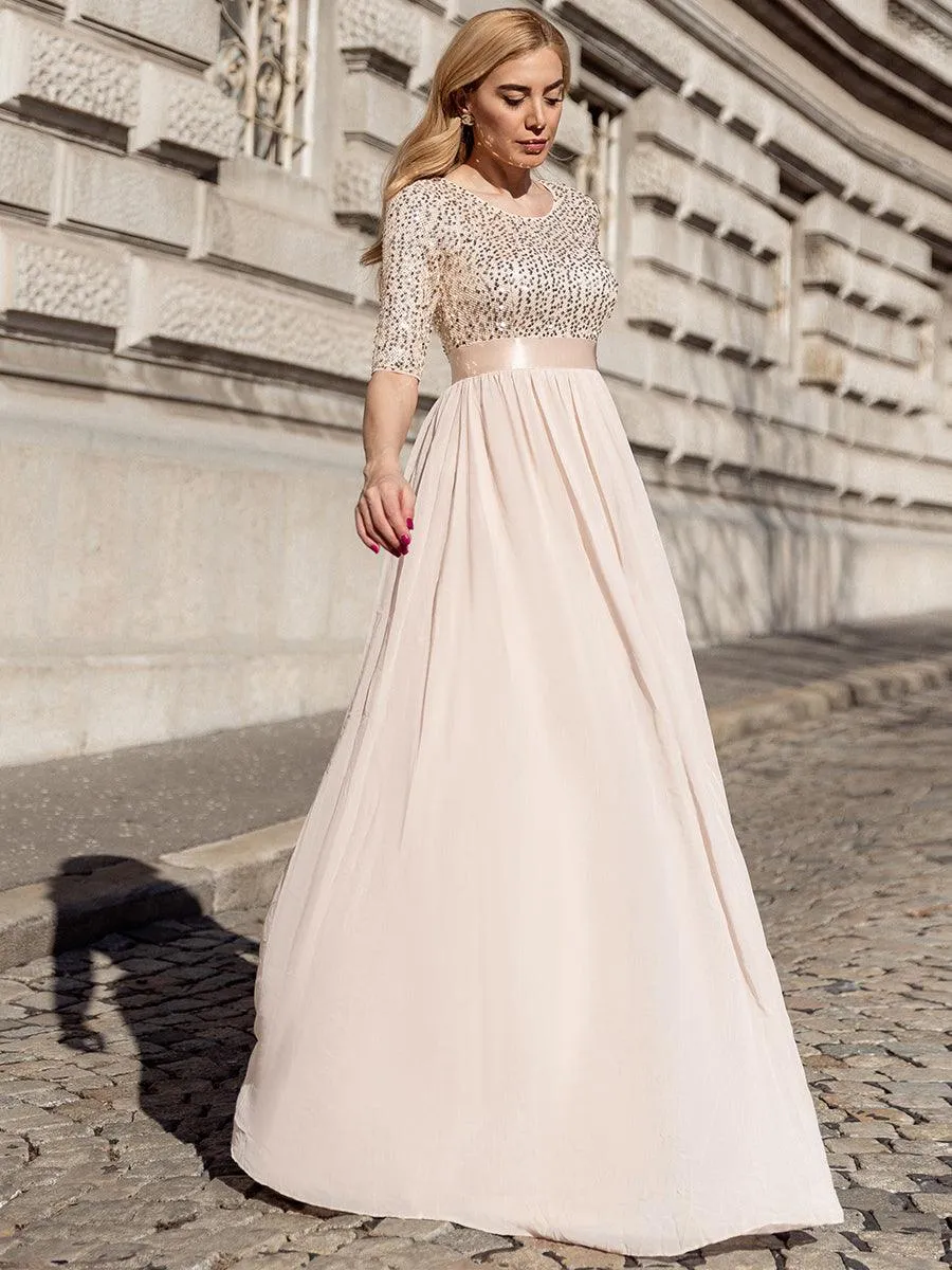 Robe de soirée élégante à encolure ronde et à manches 3/4 en patchwork de sequins