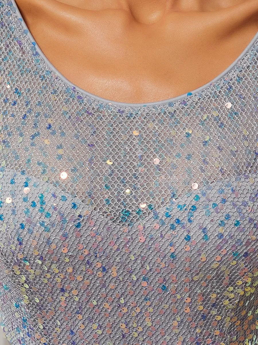 Robe de soirée élégante à encolure ronde et à manches 3/4 en patchwork de sequins