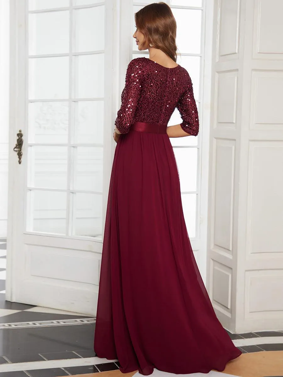 Robe de soirée élégante à encolure ronde et à manches 3/4 en patchwork de sequins