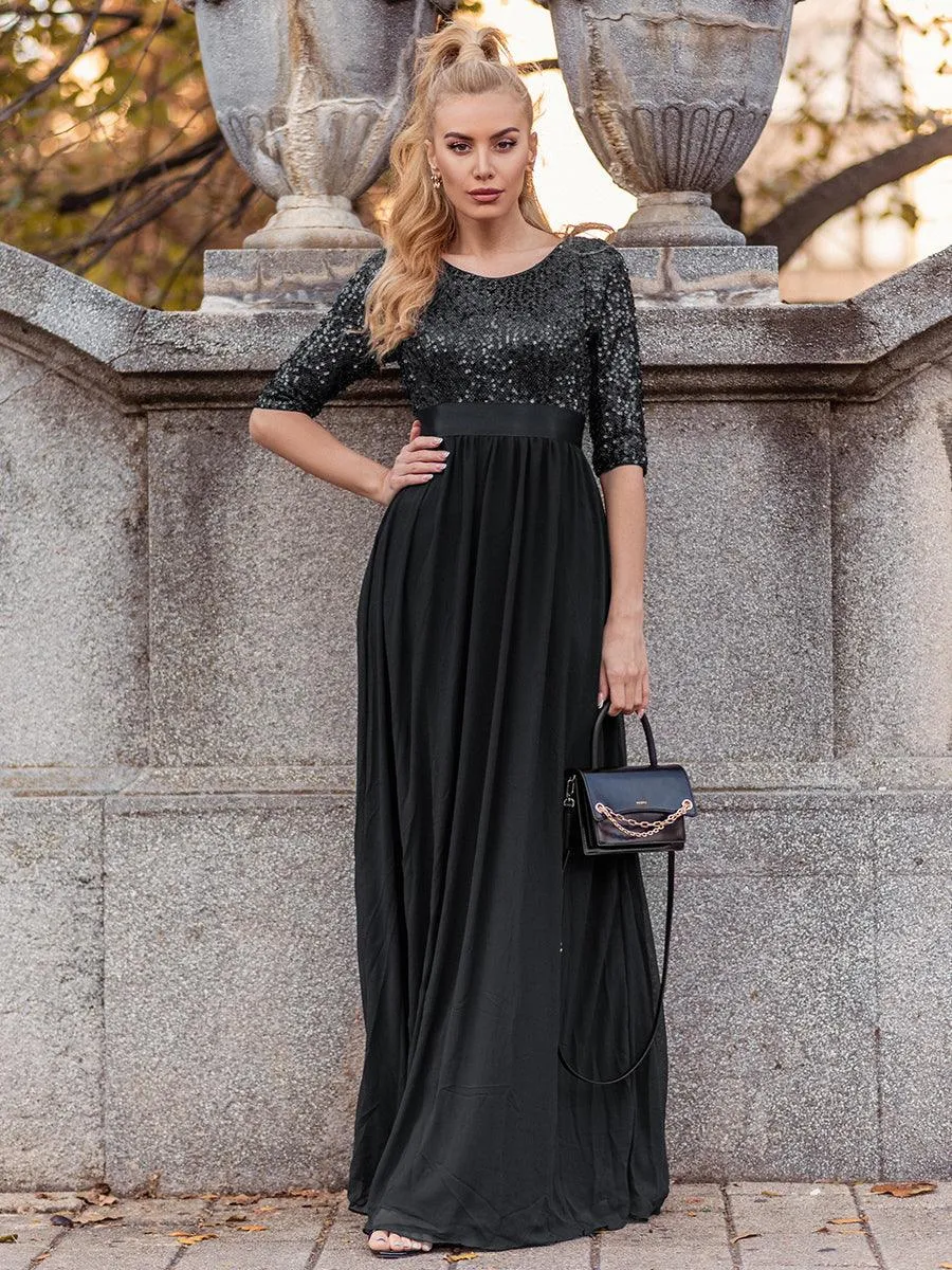 Robe de soirée élégante à encolure ronde et à manches 3/4 en patchwork de sequins