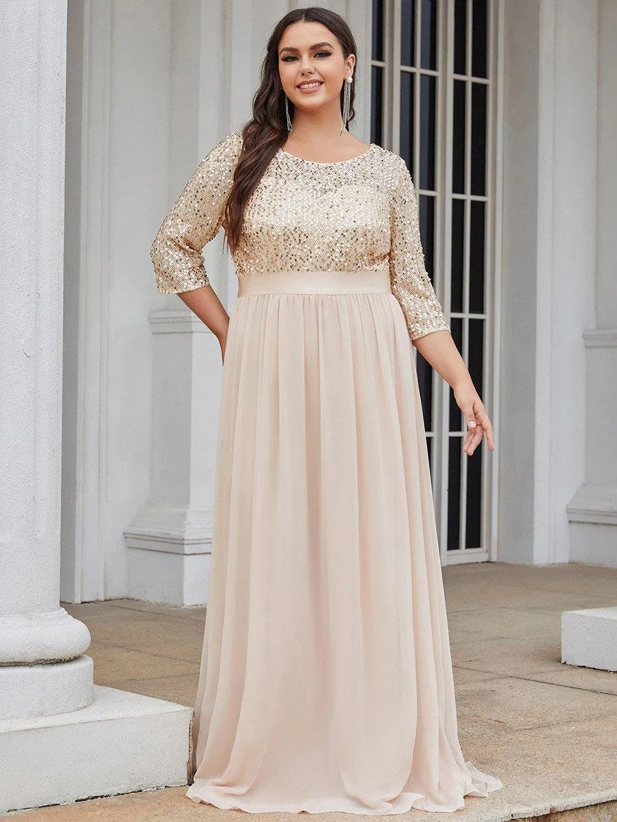 Robe de soirée élégante à encolure ronde et à manches 3/4 en patchwork de sequins