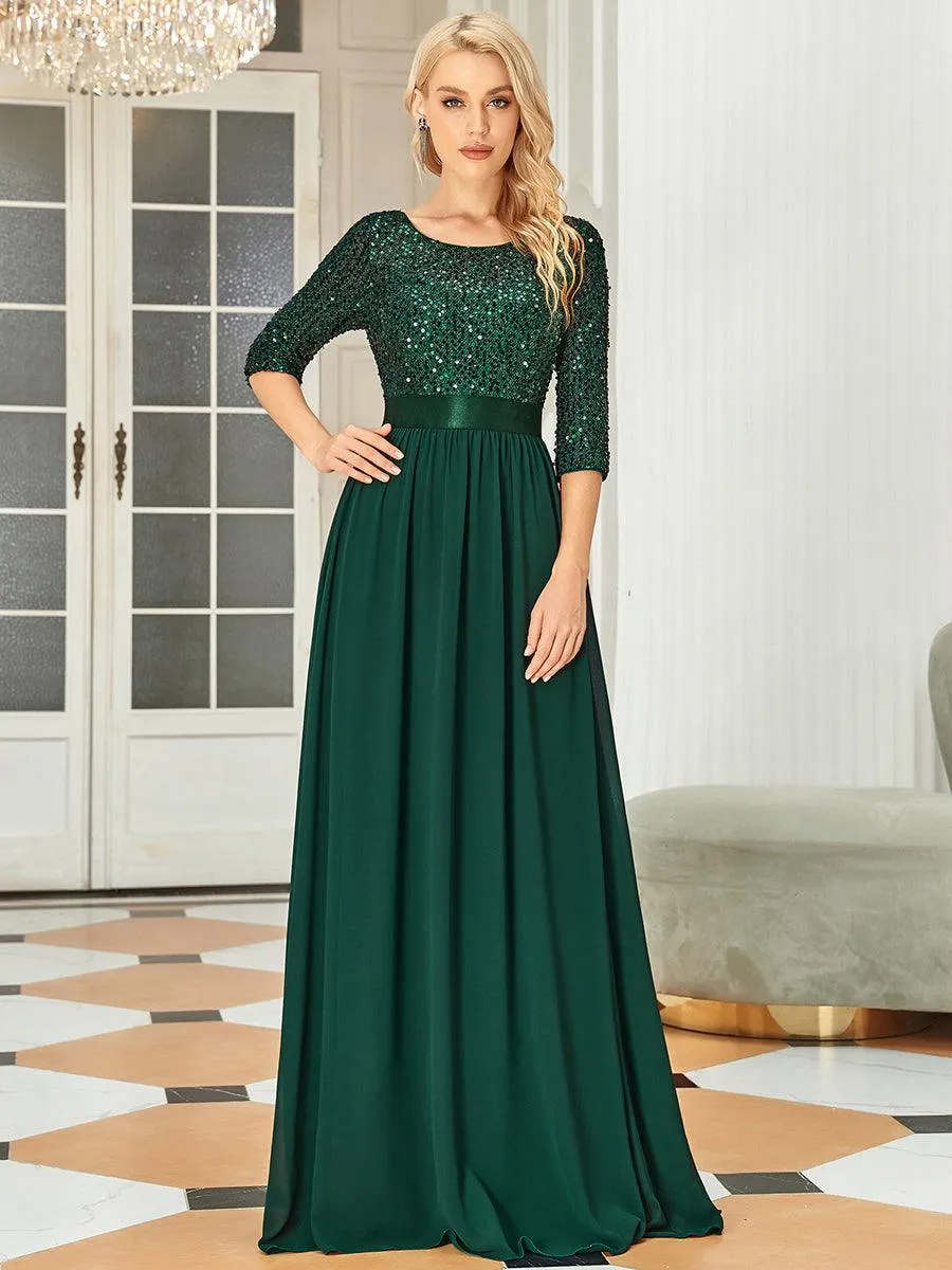 Robe de soirée élégante à encolure ronde et à manches 3/4 en patchwork de sequins