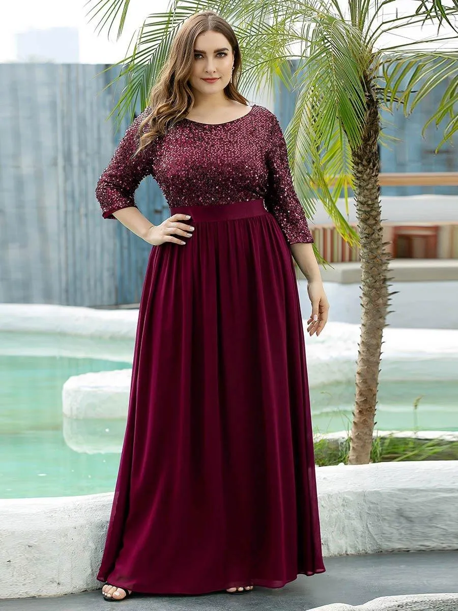 Robe de soirée élégante à encolure ronde et à manches 3/4 en patchwork de sequins