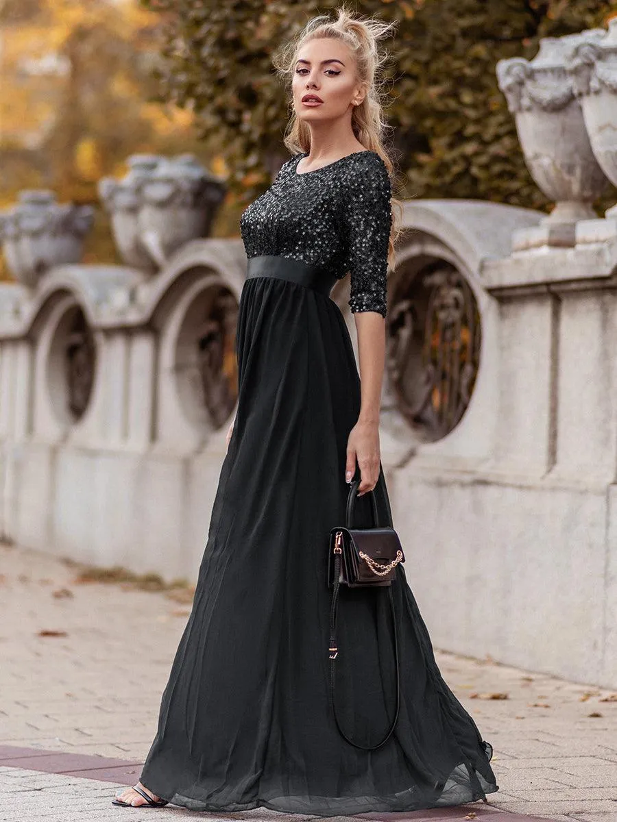 Robe de soirée élégante à encolure ronde et à manches 3/4 en patchwork de sequins