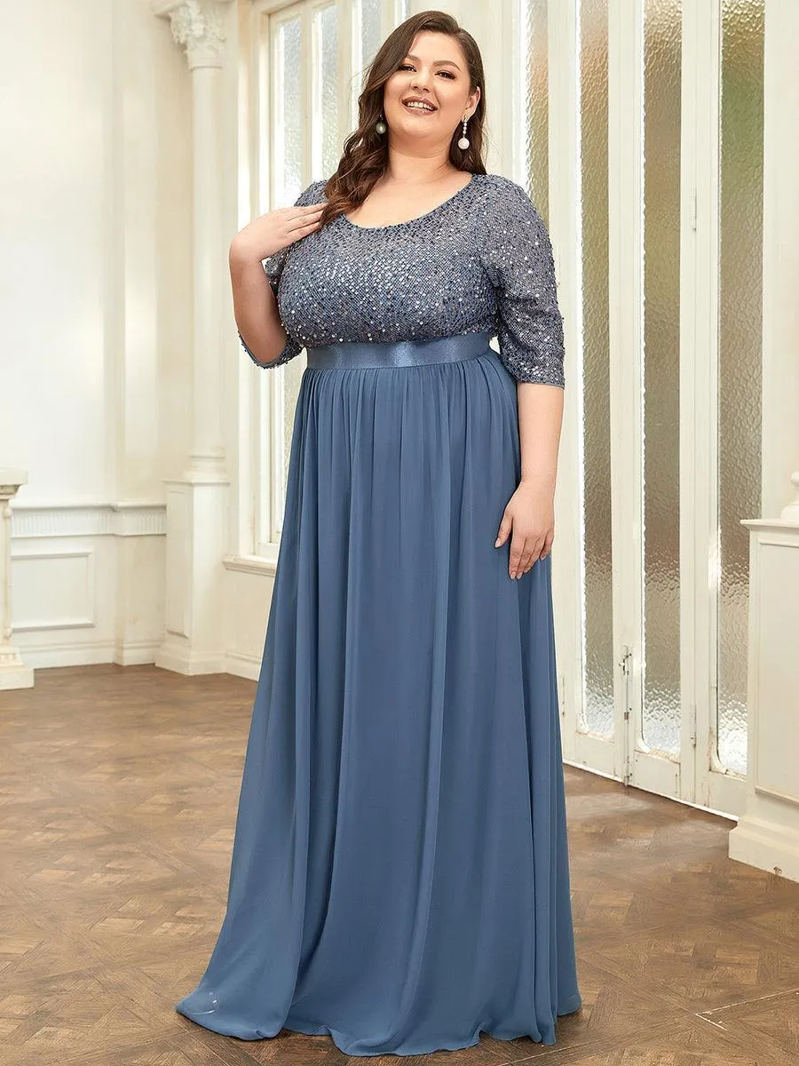 Robe de soirée élégante à encolure ronde et à manches 3/4 en patchwork de sequins