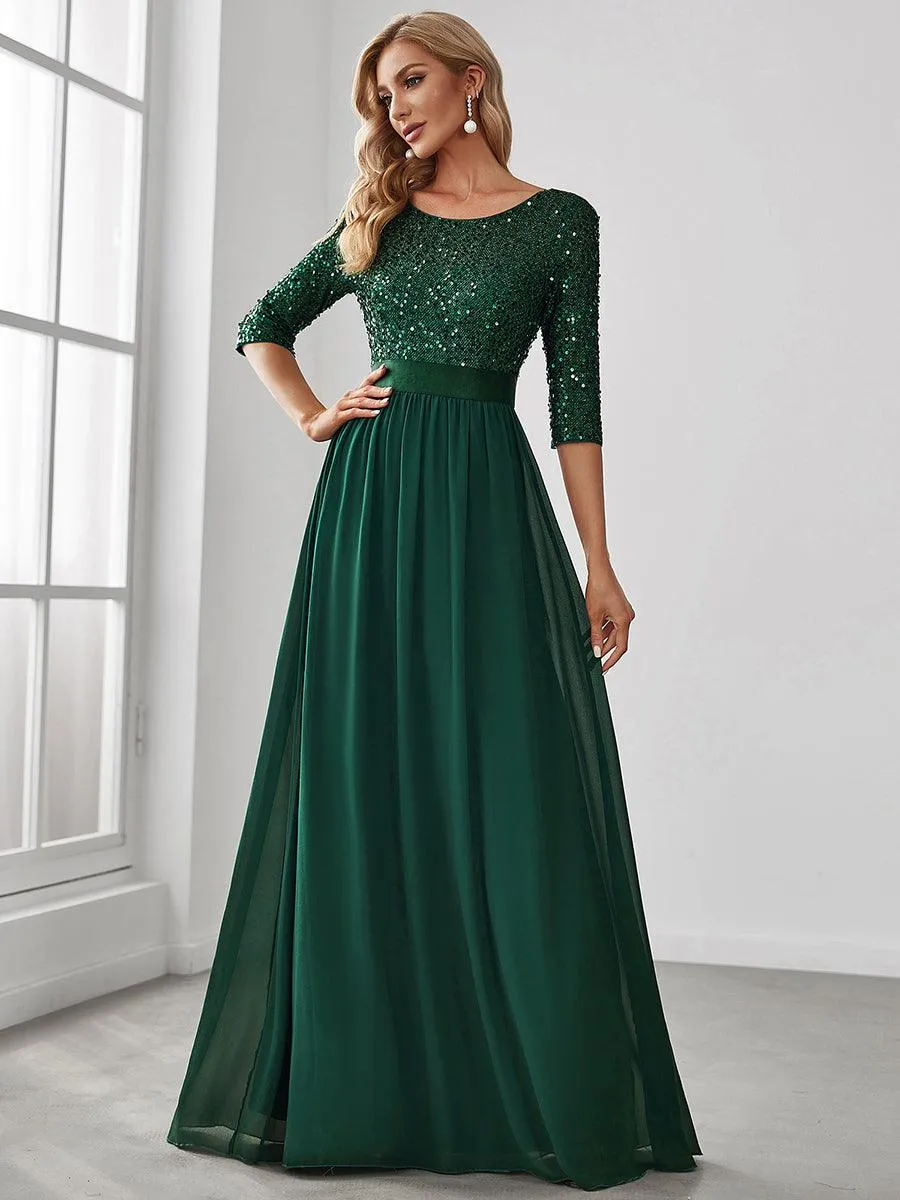 Robe de soirée élégante à encolure ronde et à manches 3/4 en patchwork de sequins