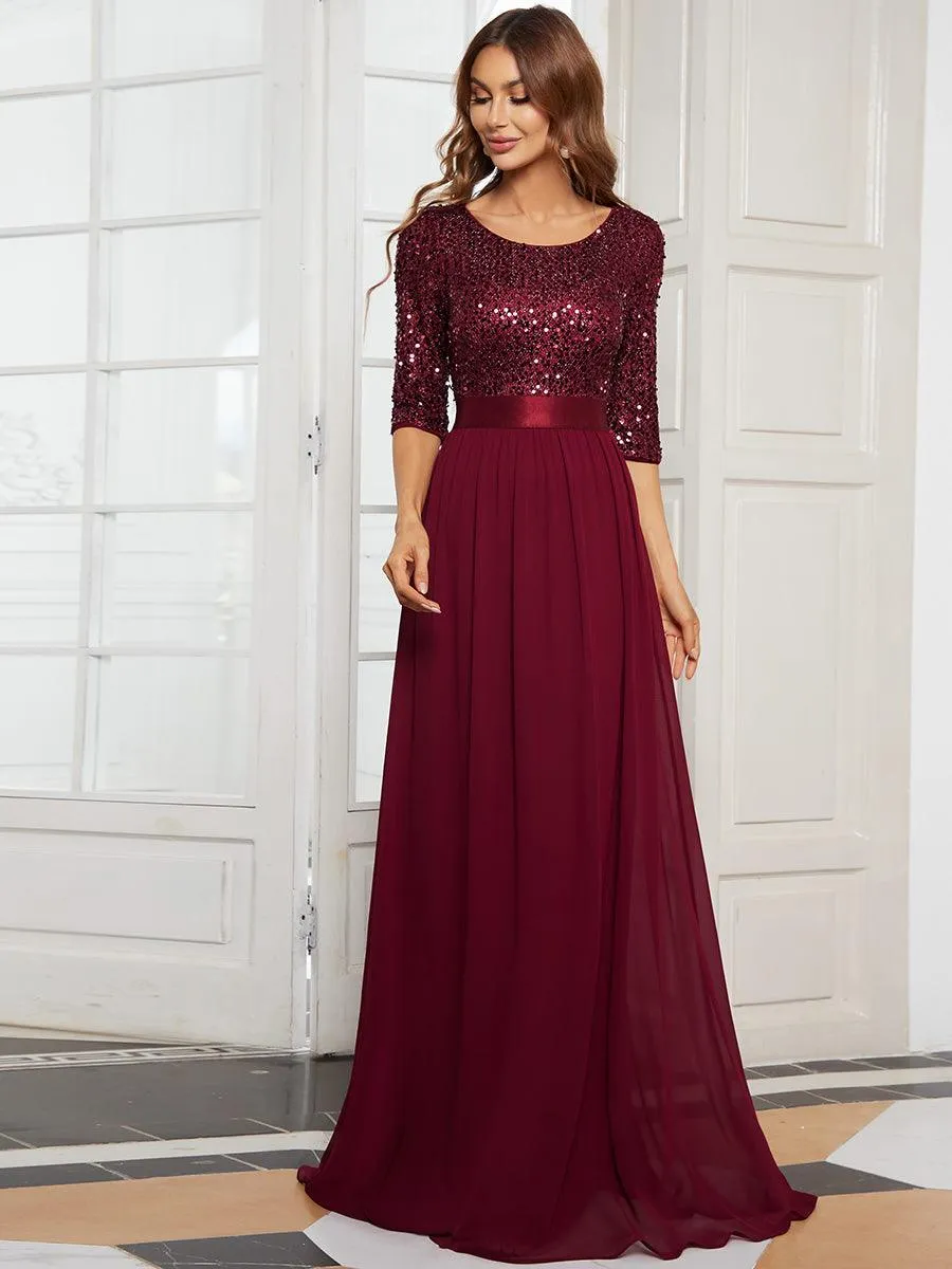 Robe de soirée élégante à encolure ronde et à manches 3/4 en patchwork de sequins
