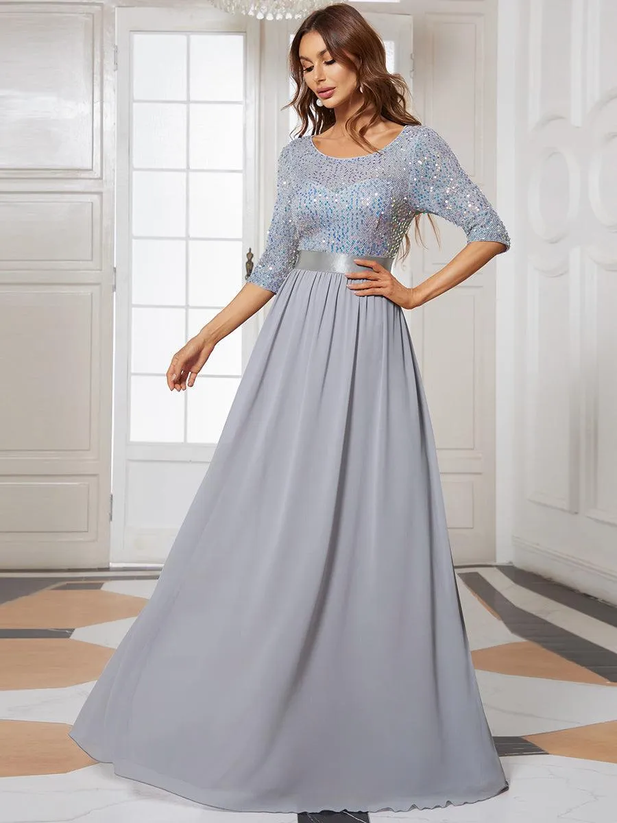 Robe de soirée élégante à encolure ronde et à manches 3/4 en patchwork de sequins