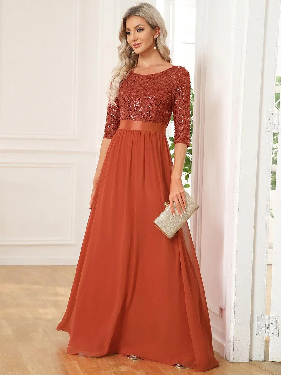 Robe de soirée élégante à encolure ronde et à manches 3/4 en patchwork de sequins