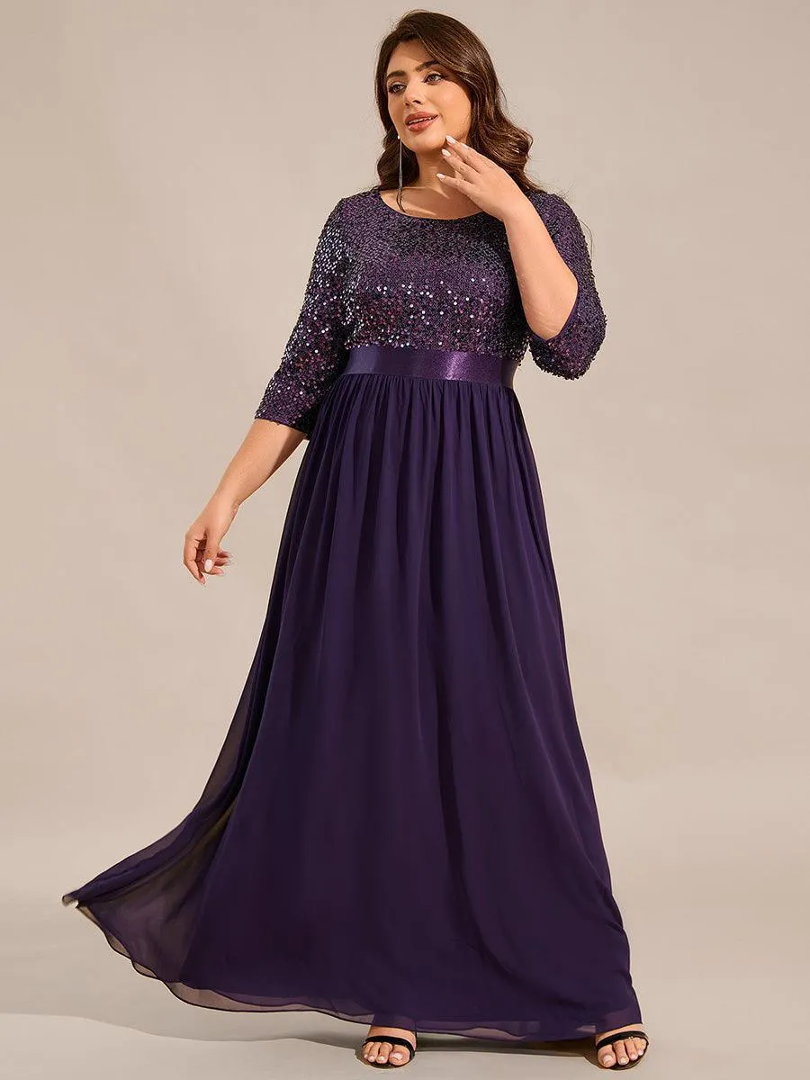 Robe de soirée élégante à encolure ronde et à manches 3/4 en patchwork de sequins