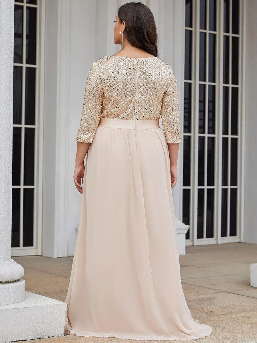 Robe de soirée élégante à encolure ronde et à manches 3/4 en patchwork de sequins