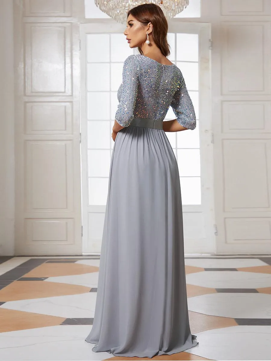 Robe de soirée élégante à encolure ronde et à manches 3/4 en patchwork de sequins