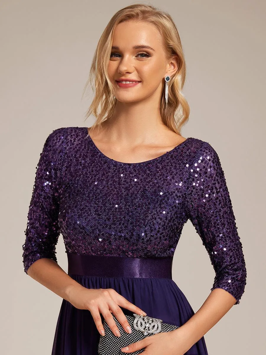 Robe de soirée élégante à encolure ronde et à manches 3/4 en patchwork de sequins