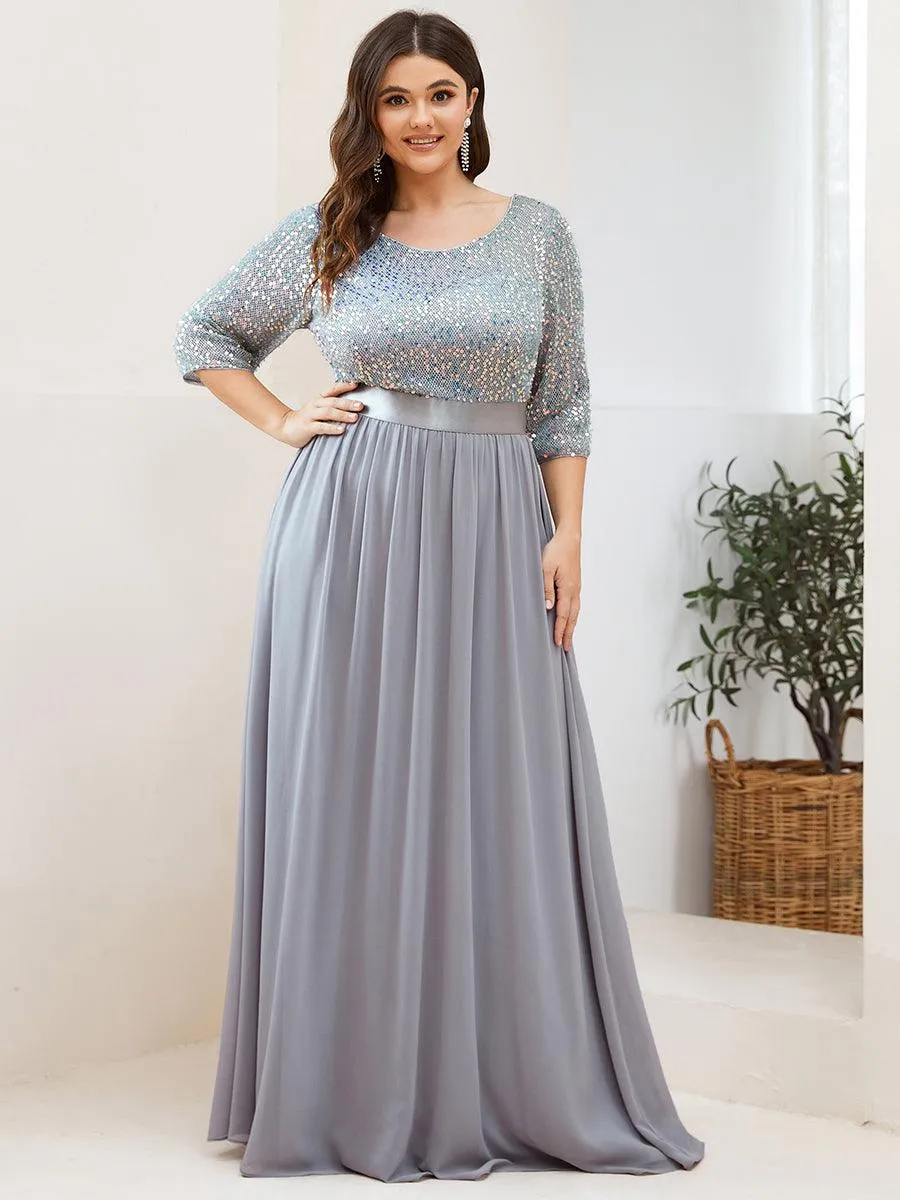 Robe de soirée élégante à encolure ronde et à manches 3/4 en patchwork de sequins